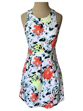 Gap Sara White Neon Floral Fit Flare Tank Dress 4